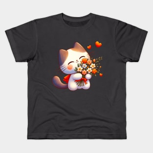 Adorable Love Cat T-Shirt, Happy Kitten with Flowers Tee, Cute Feline Embracing Bouquet Top, Heartwarming Cat Lover Shirt Kids T-Shirt